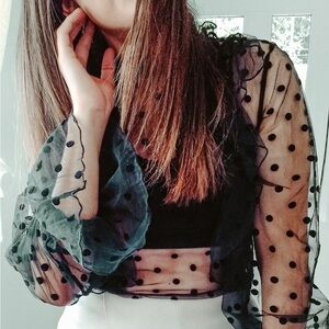 SHEIN Black Sheer Polka Dot Puff Sleeve Blouse Keyhole Back Large